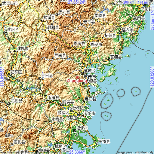 Topographic map of Zhongfang