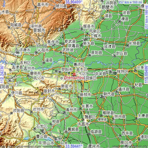 Topographic map of Zhengzhou