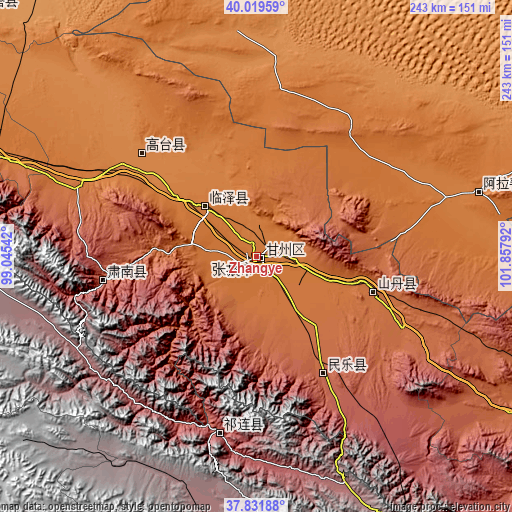 Topographic map of Zhangye