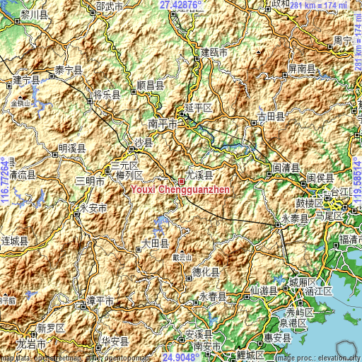 Topographic map of Youxi Chengguanzhen