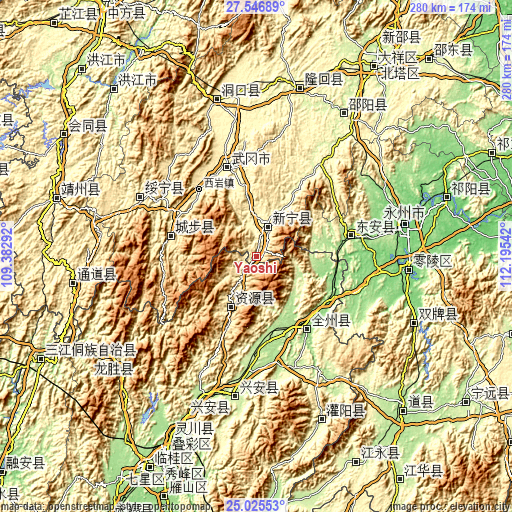 Topographic map of Yaoshi