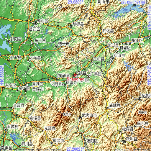 Topographic map of Shangrao