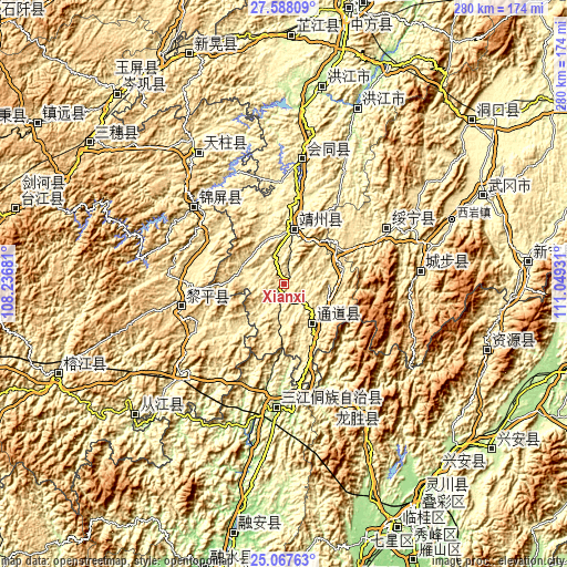 Topographic map of Xianxi