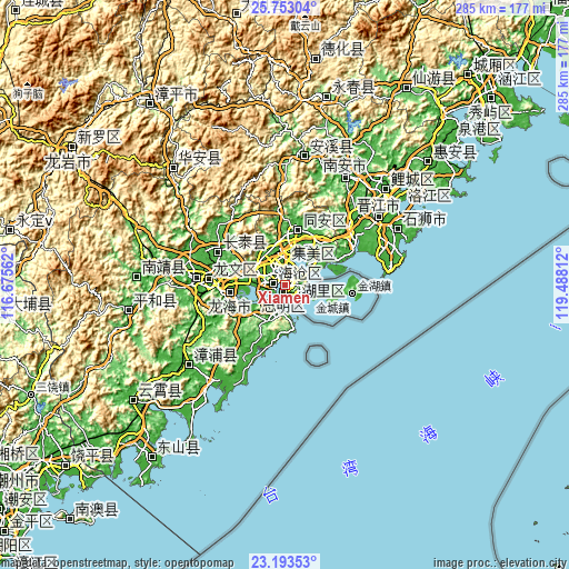 Topographic map of Xiamen