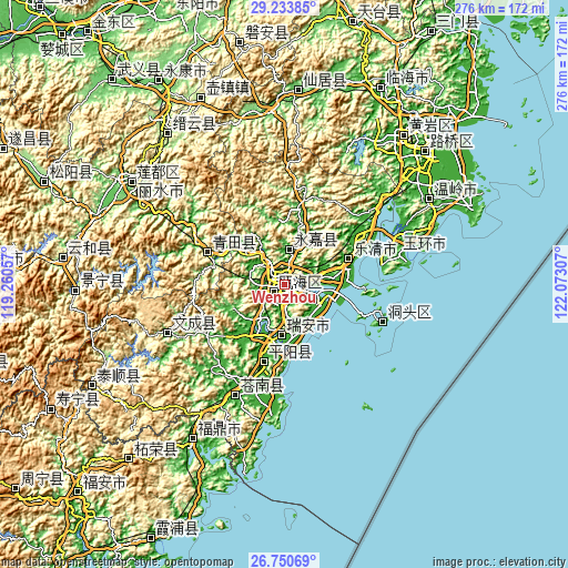 Topographic map of Wenzhou