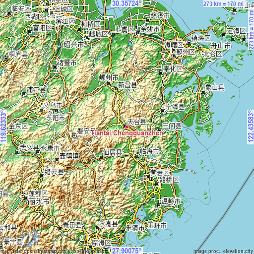 Topographic map of Tiantai Chengguanzhen