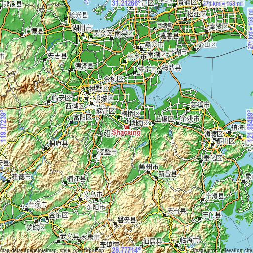 Topographic map of Shaoxing