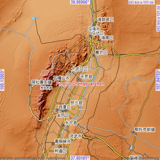 Topographic map of Pingluo Chengguanzhen