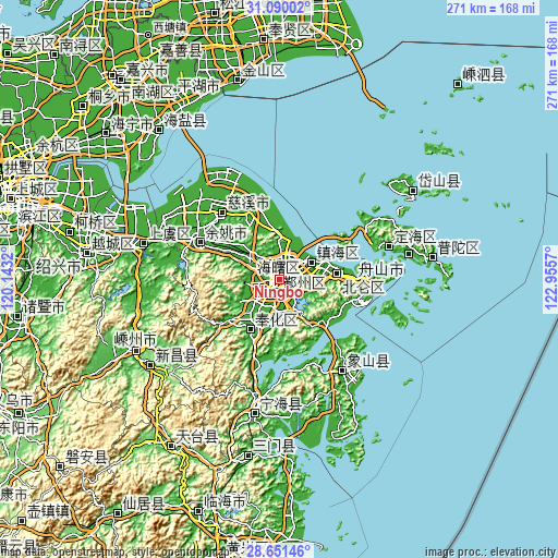 Topographic map of Ningbo