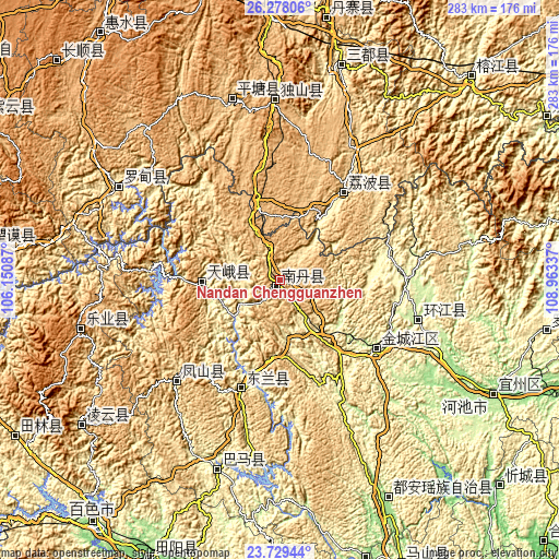 Topographic map of Nandan Chengguanzhen