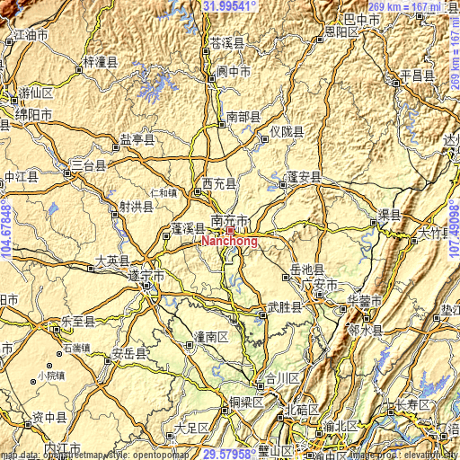 Topographic map of Nanchong