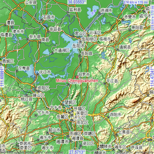 Topographic map of Miluo Chengguanzhen