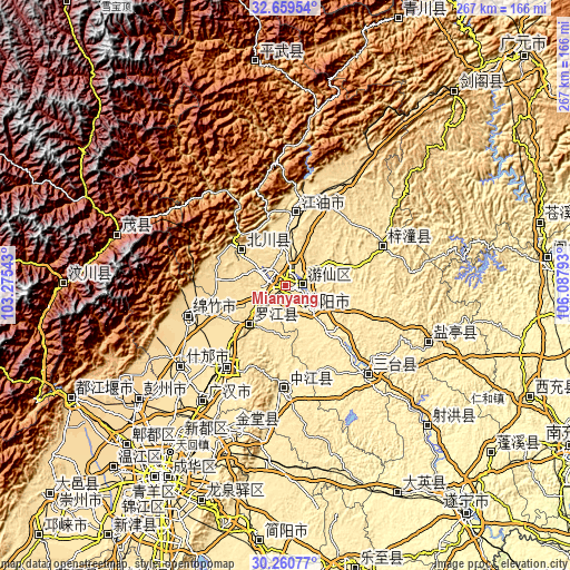 Topographic map of Mianyang