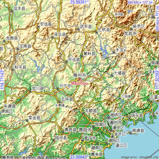 Topographic map of Meizhou