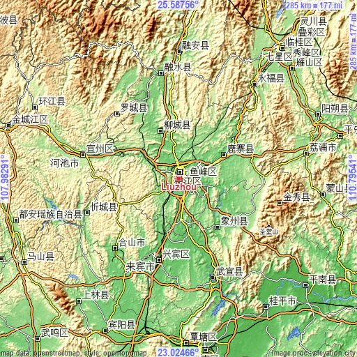 Topographic map of Liuzhou