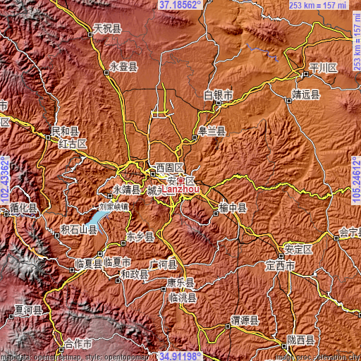 Topographic map of Lanzhou