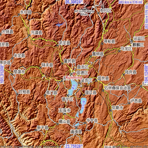 Topographic map of Kunming