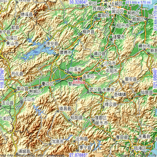 Topographic map of Jinhua