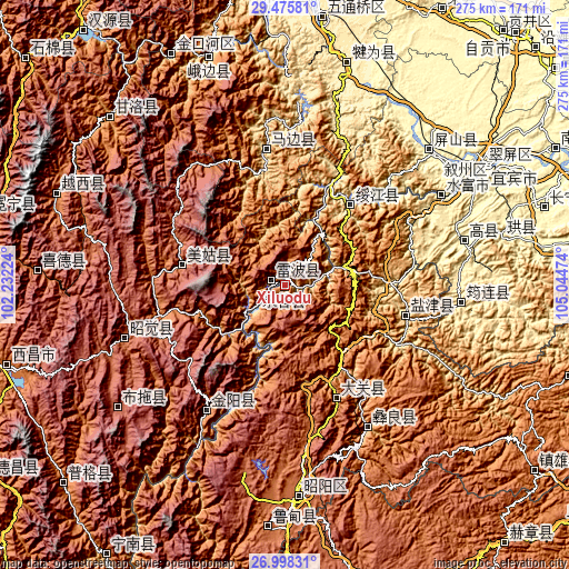 Topographic map of Xiluodu