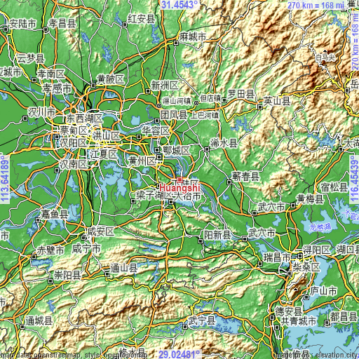 Topographic map of Huangshi