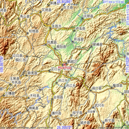 Topographic map of Huaihua