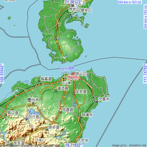 Topographic map of Haikou