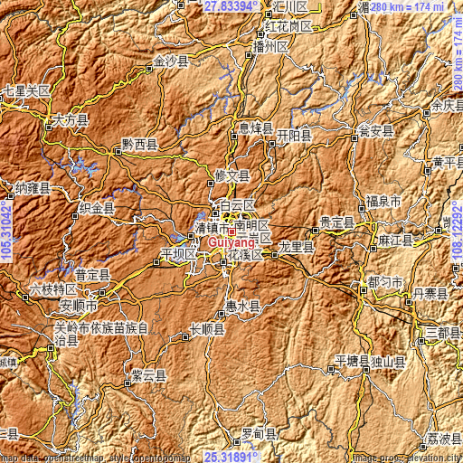 Topographic map of Guiyang