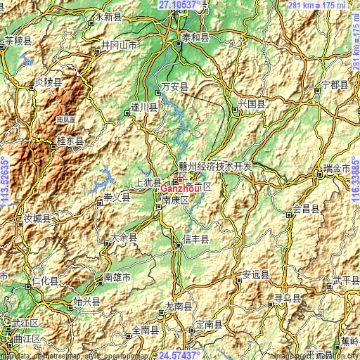Topographic map of Ganzhou