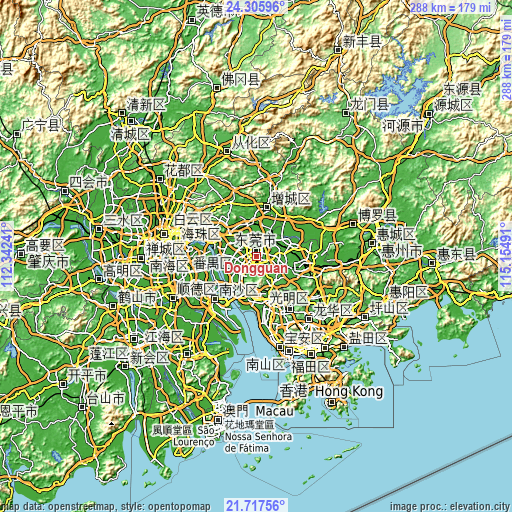 Topographic map of Dongguan