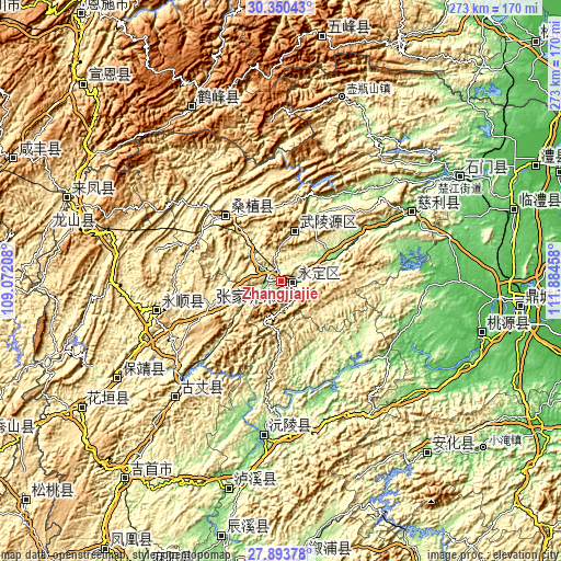 Topographic map of Zhangjiajie