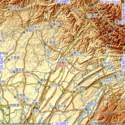 Topographic map of Dazhou