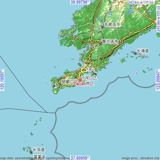 Topographic map of Dalian
