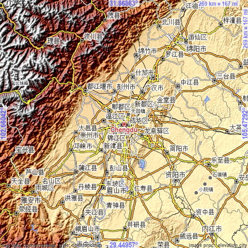Topographic map of Chengdu