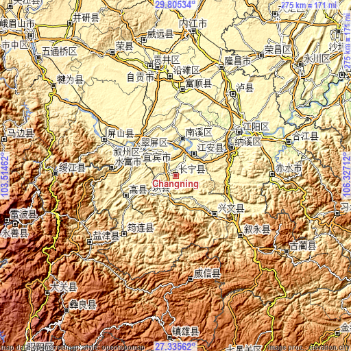 Topographic map of Changning