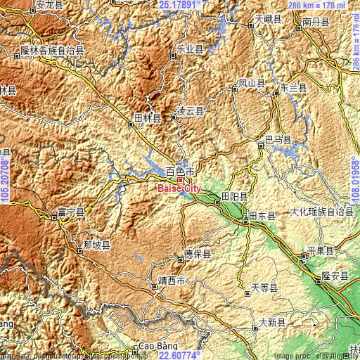 Topographic map of Baise City