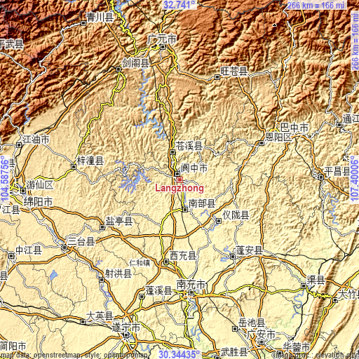 Topographic map of Langzhong