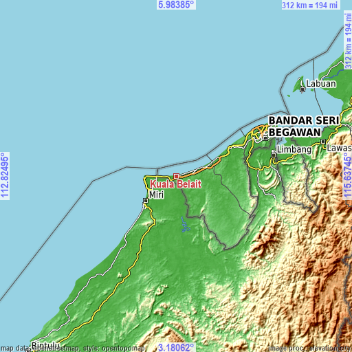 Topographic map of Kuala Belait