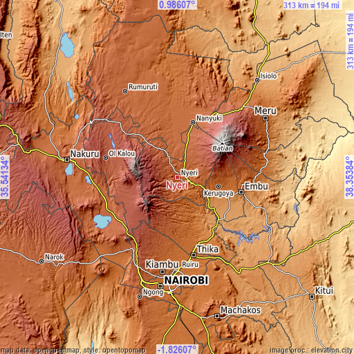 Topographic map of Nyeri