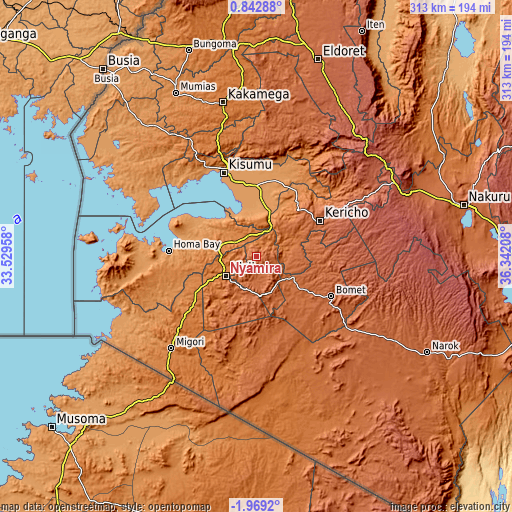 Topographic map of Nyamira