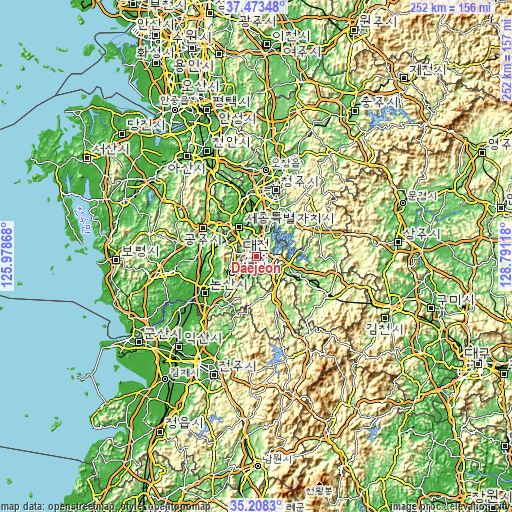 Topographic map of Daejeon