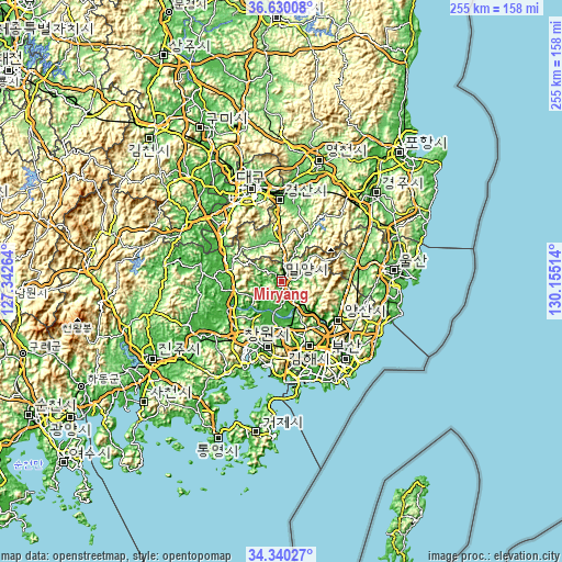 Topographic map of Miryang