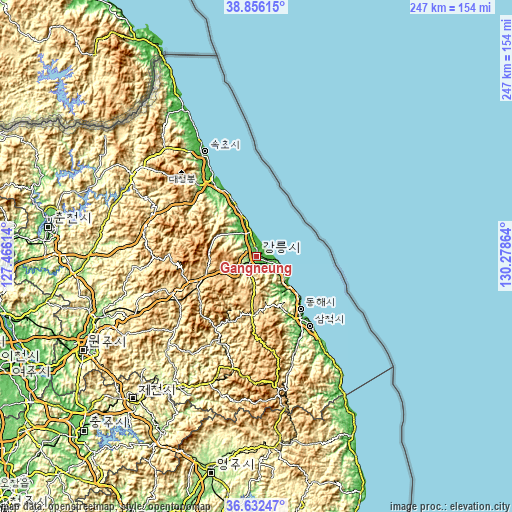 Topographic map of Gangneung