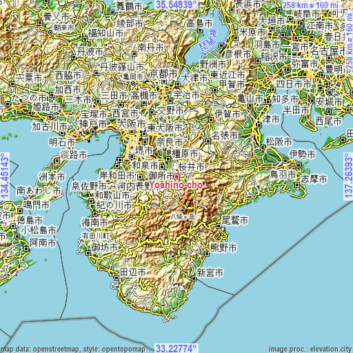 Topographic map of Yoshino-chō