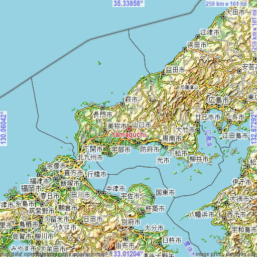 Topographic map of Yamaguchi