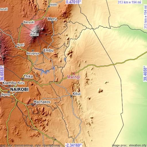 Topographic map of Mwingi