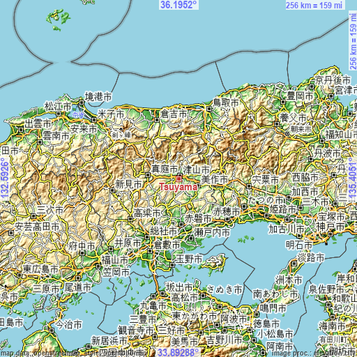 Topographic map of Tsuyama