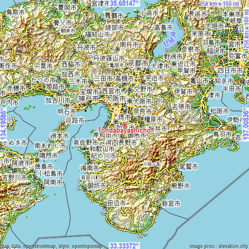 Topographic map of Tondabayashichō