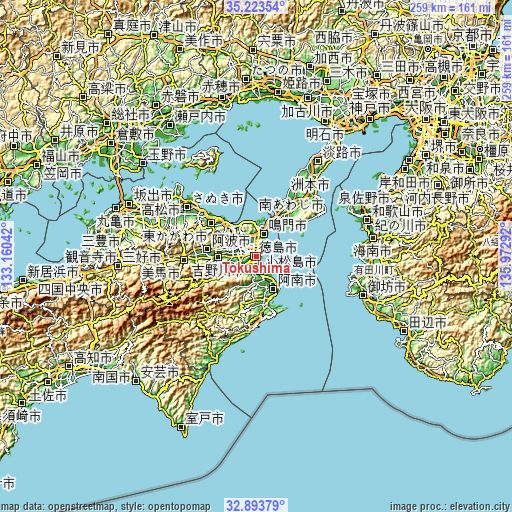 Topographic map of Tokushima