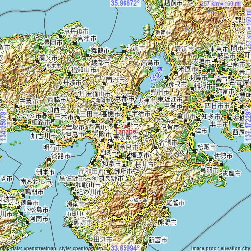 Topographic map of Tanabe