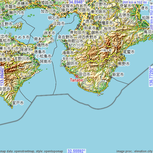 Topographic map of Tanabe